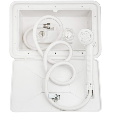 Dura Faucet Exterior Shower Box Kit with Lock and Key, Acrylic Knob Handle, 60 Inch Vinyl Hose | DF-SA170-WT
