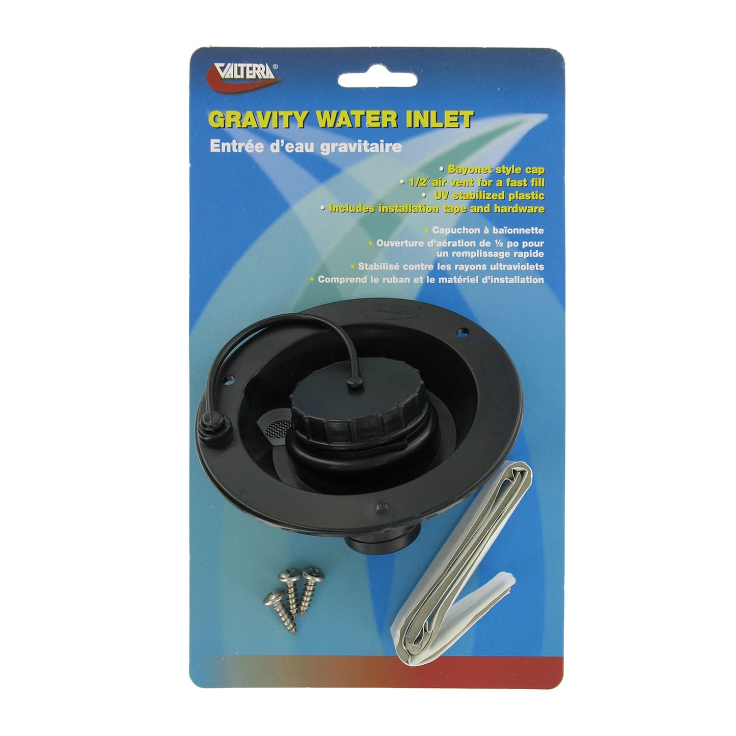 Valterra Gravity Water Inlet - Black with Bayonet Tab Cap | A01-2003BKVP