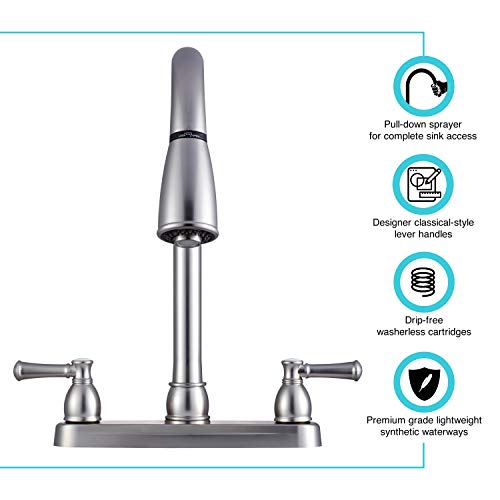 Dura Faucet Non-Metallic Dual Lever Kitchen Faucet with Pull-Down Sprayer and Brushed Satin Nickel Finish | DF-PK350L-SN