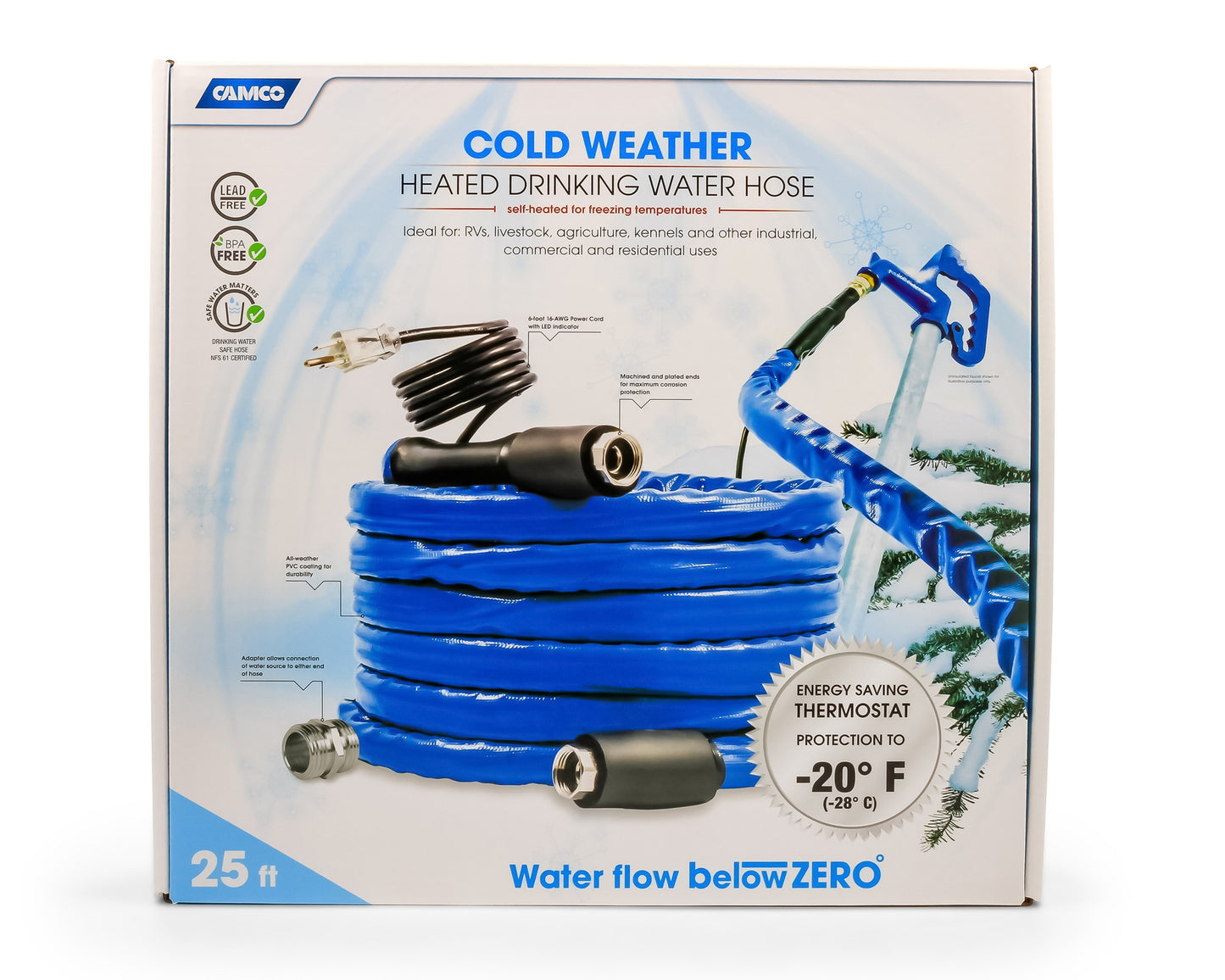 Camco 25 Ft Heated RV Drinking Water Hose - NSF 61 Certified, BPA Free, Freeze Protection | 22911